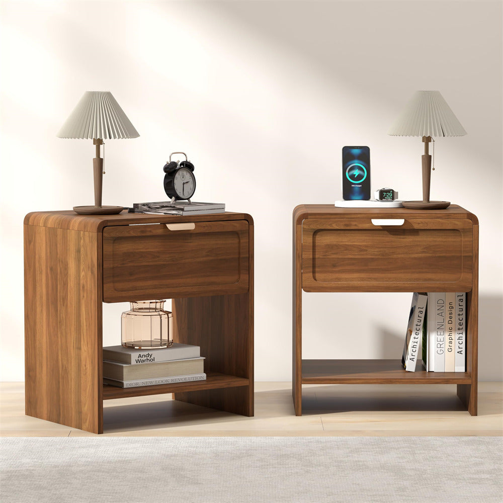 Walnut Mid-Century Modern Wooden Nightstand Set of 2 with Charging Station and Curved Top Corners