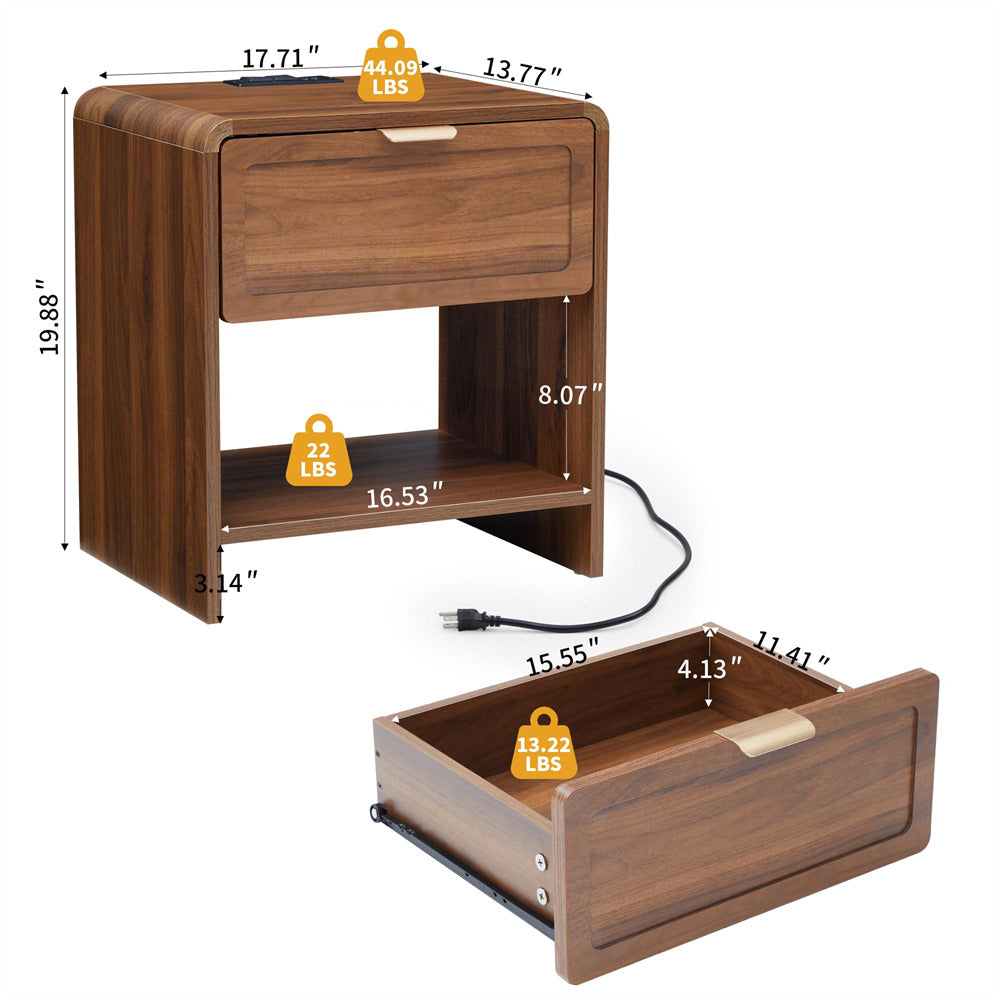 Walnut Mid-Century Modern Wooden Nightstand with Charging Station and Curved Top Corners