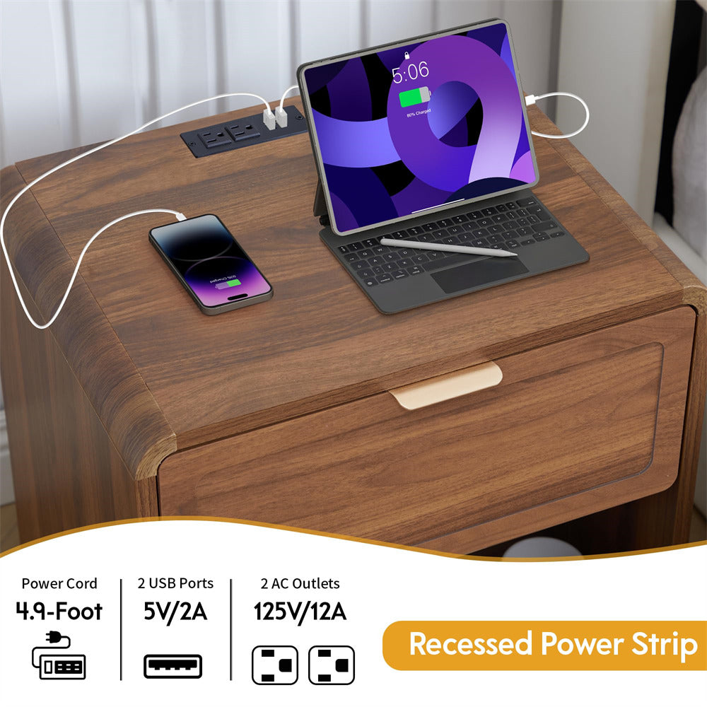 Walnut Mid-Century Modern Wooden Nightstand with Charging Station and Curved Top Corners