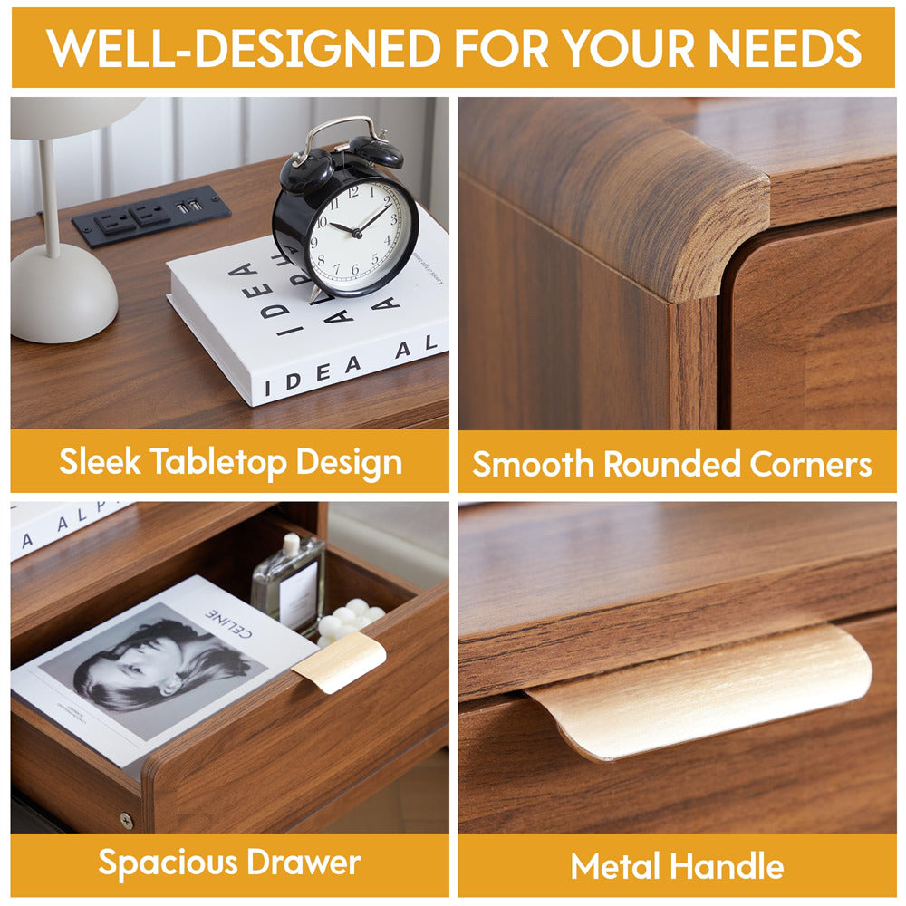 Walnut Mid-Century Modern Wooden Nightstand with Charging Station and Curved Top Corners