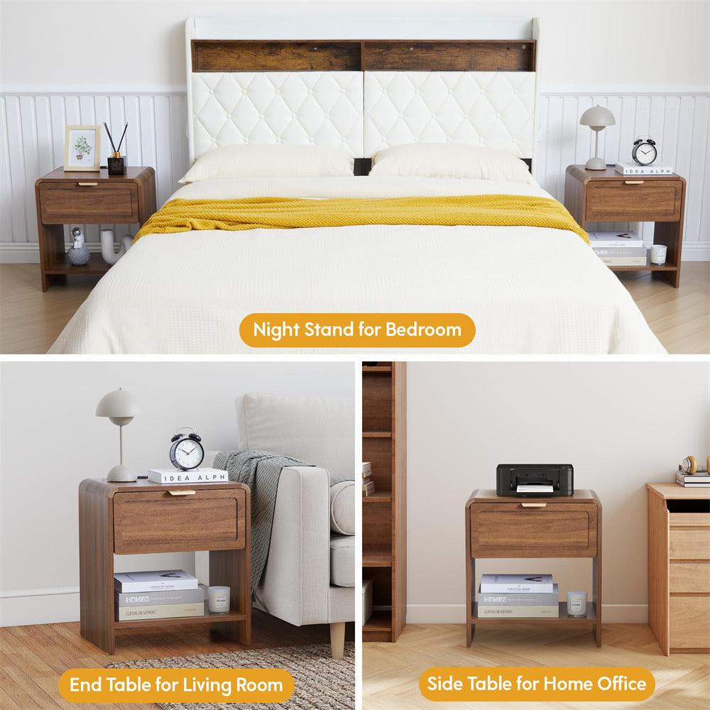 Walnut Mid-Century Modern Wooden Nightstand with Charging Station and Curved Top Corners