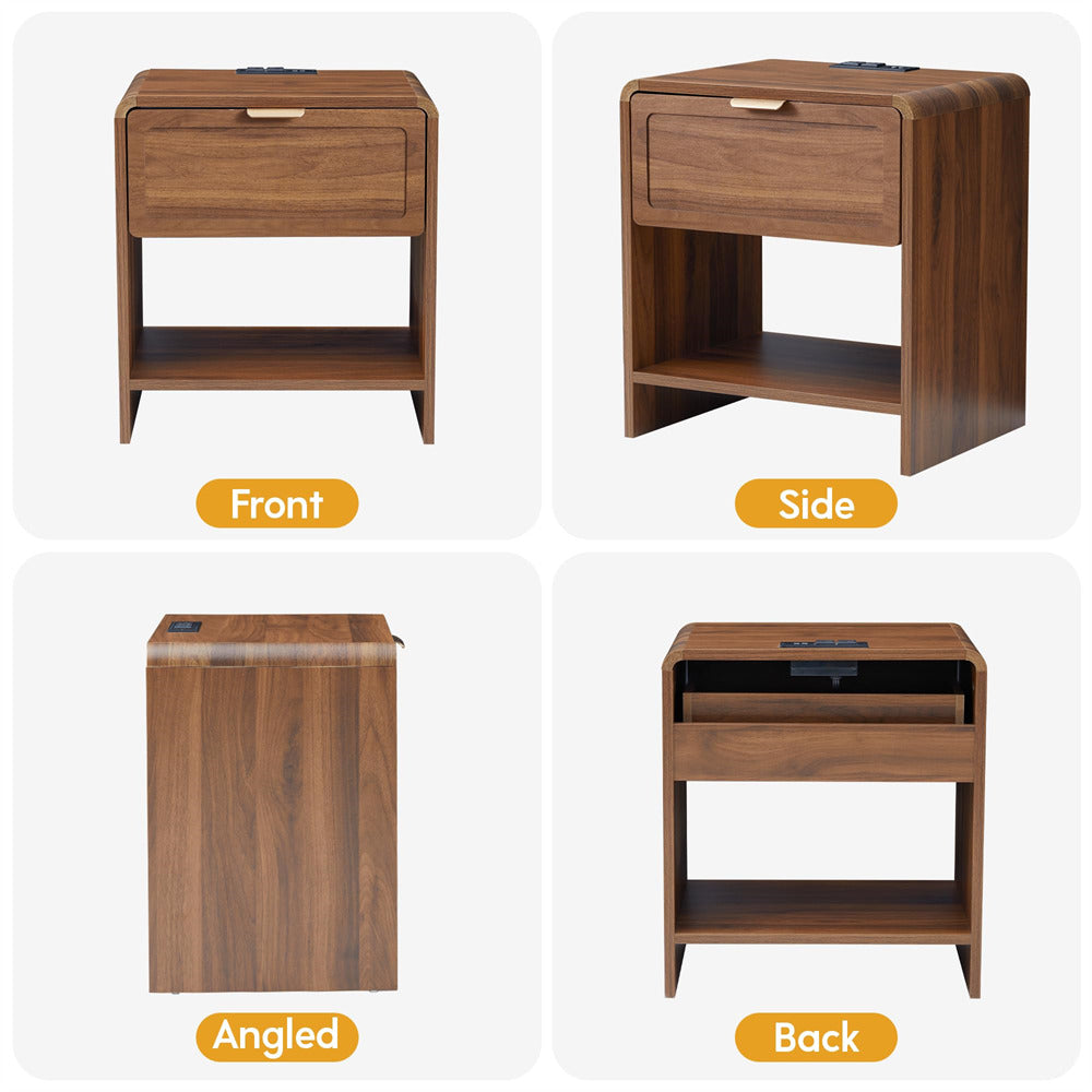 Walnut Mid-Century Modern Wooden Nightstand with Charging Station and Curved Top Corners