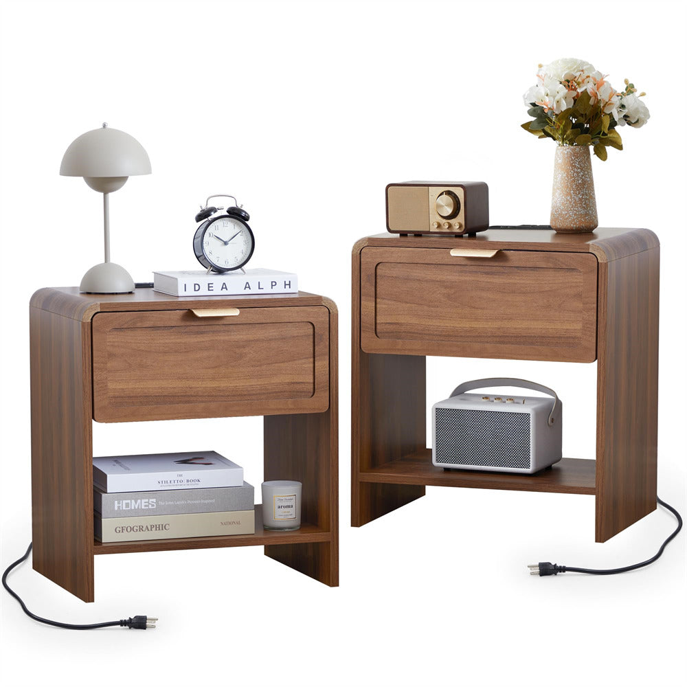 Walnut Mid-Century Modern Wooden Nightstand Set of 2 with Charging Station and Curved Top Corners