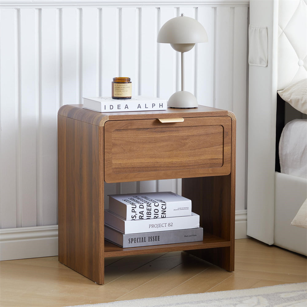 Walnut Mid-Century Modern Wooden Nightstand with Charging Station and Curved Top Corners