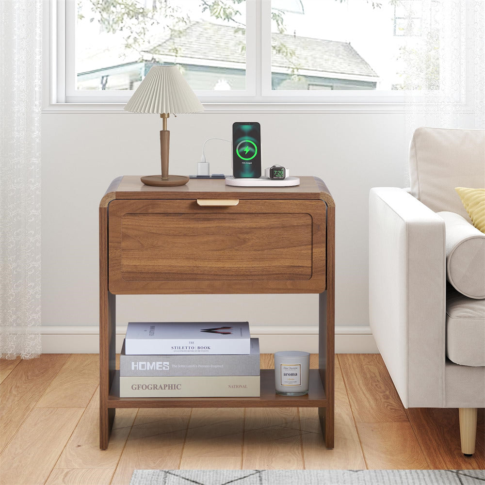 Walnut Mid-Century Modern Wooden Nightstand with Charging Station and Curved Top Corners