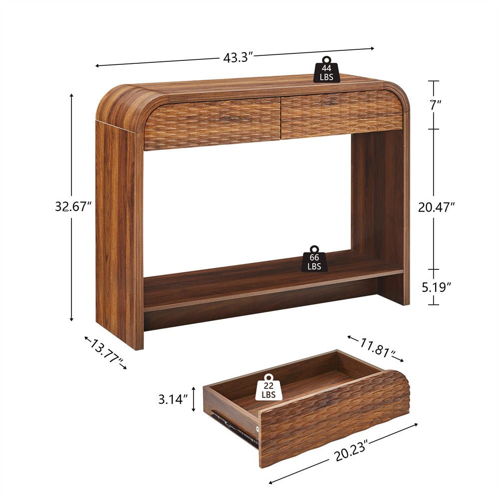 Wooden console table with dimensions and weight labels on a white background