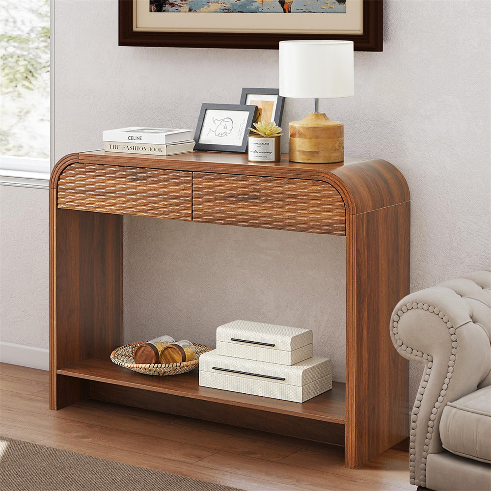 Wooden console table with decorative items in a living room setting