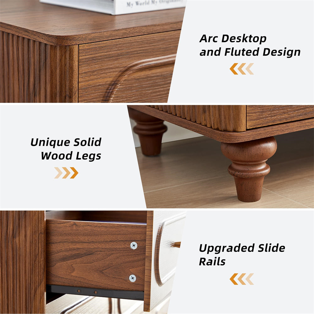 Wooden desk with features highlighted: arc desktop, fluted design, solid wood legs, and upgraded slide rails.