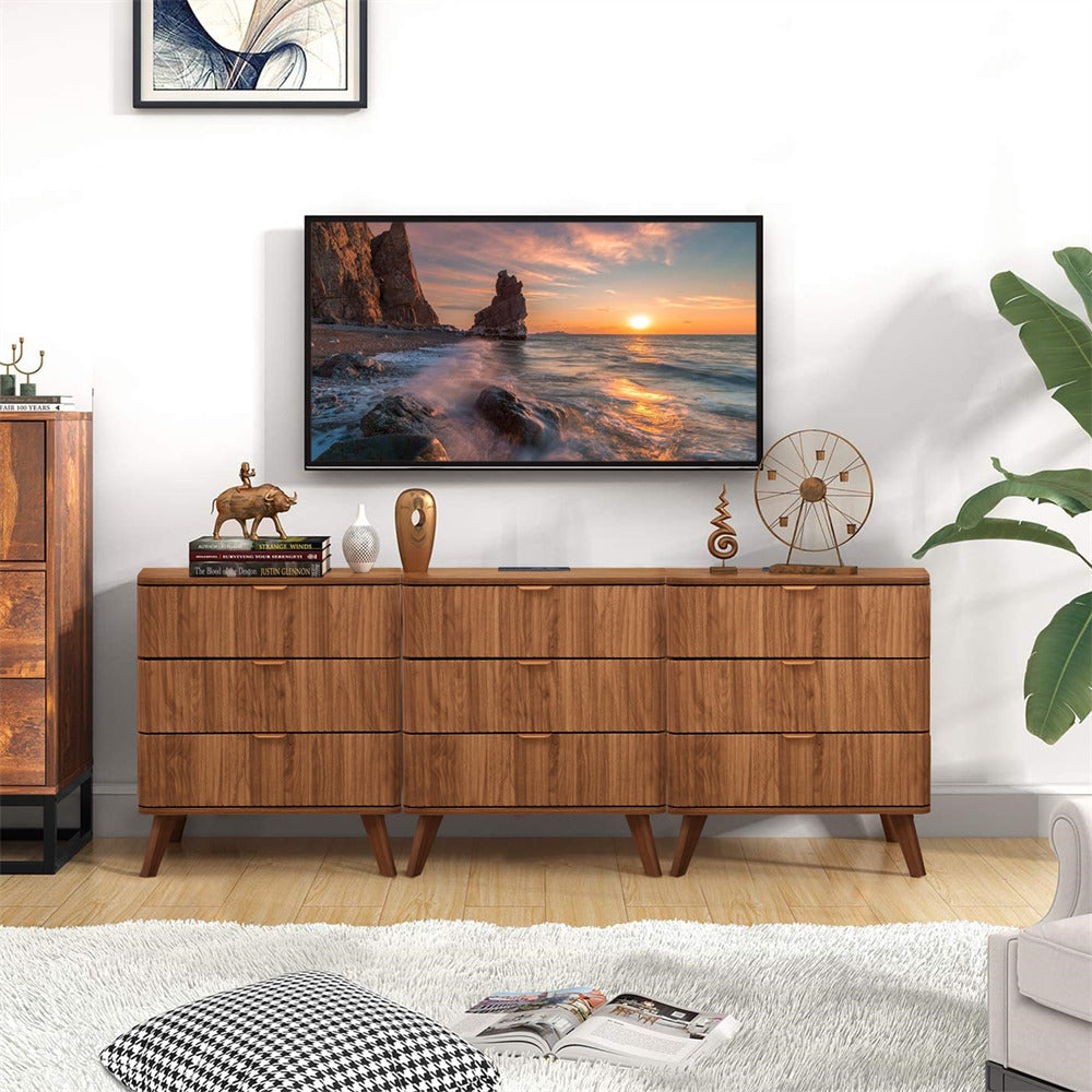 Walnut Mid Century Modern 3 Drawer Fluted Nightstand with Charging Station