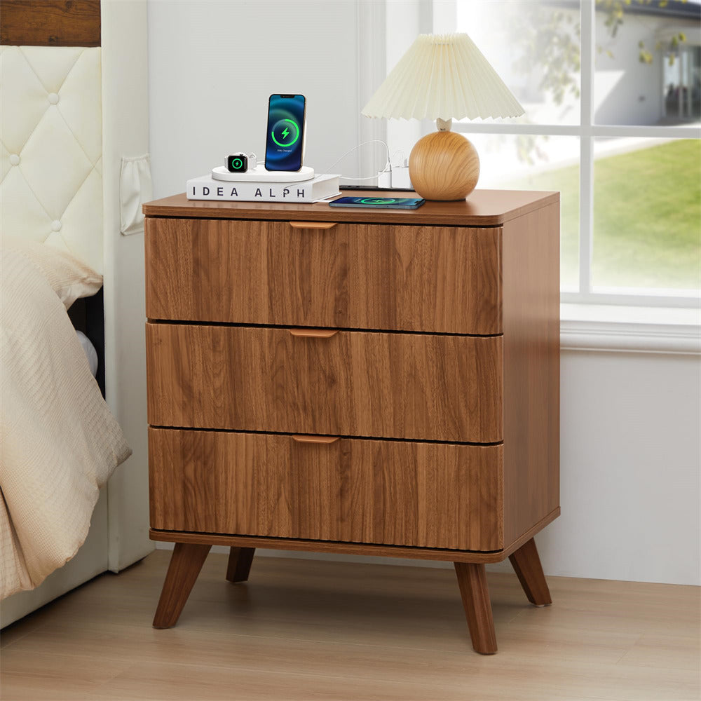 Walnut Mid Century Modern 3 Drawer Fluted Nightstand with Charging Station
