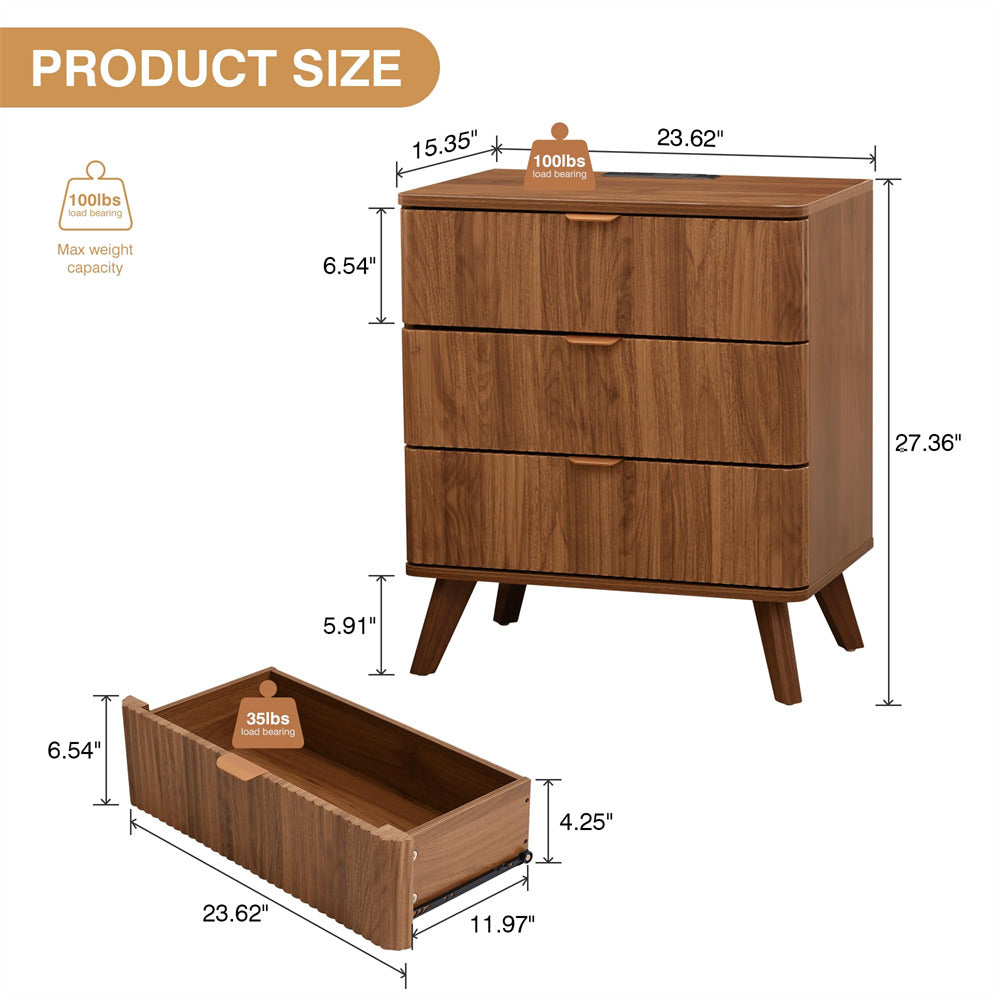 Walnut Mid Century Modern 3 Drawer Fluted Nightstand with Charging Station
