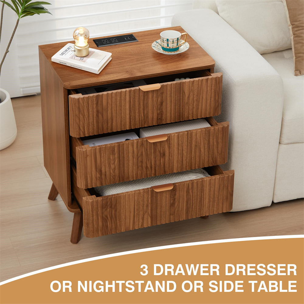 Walnut Mid Century Modern 3 Drawer Fluted Nightstand with Charging Station