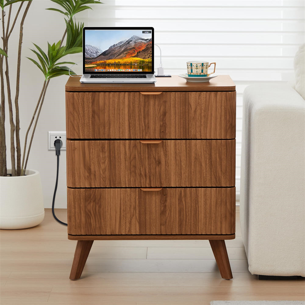 Walnut Mid Century Modern 3 Drawer Fluted Nightstand with Charging Station
