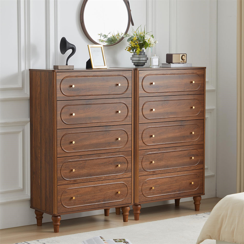 Walnut Mid Century Modern 5 Drawer Fluted Dresser Chest of Drawers With Wooden Legs