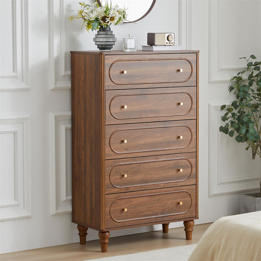 Walnut Mid Century Modern 5 Drawer Fluted Dresser Chest of Drawers With Wooden Legs