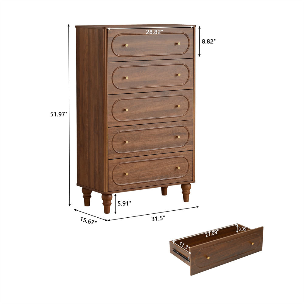 Walnut Mid Century Modern 5 Drawer Fluted Dresser Chest of Drawers With Wooden Legs