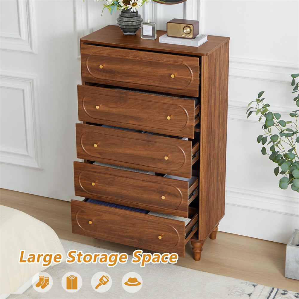 Walnut Mid Century Modern 5 Drawer Fluted Dresser Chest of Drawers With Wooden Legs
