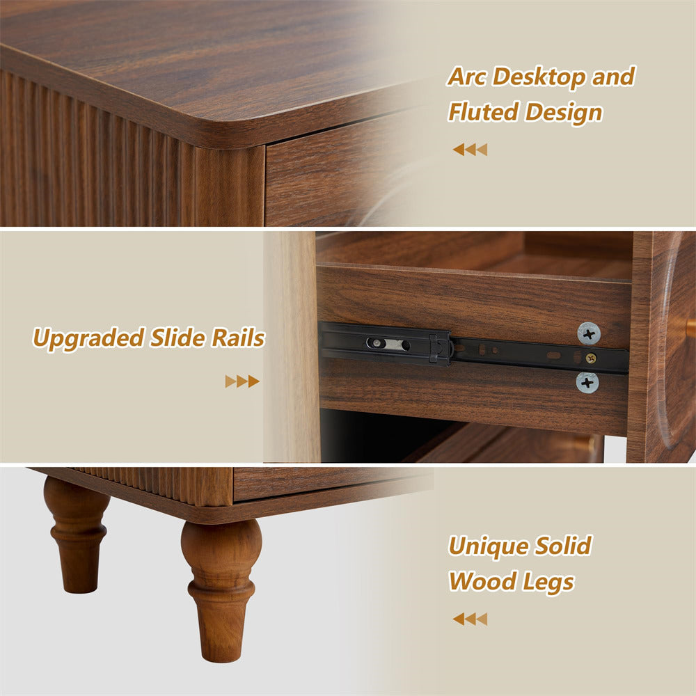 Walnut Mid Century Modern 5 Drawer Fluted Dresser Chest of Drawers With Wooden Legs