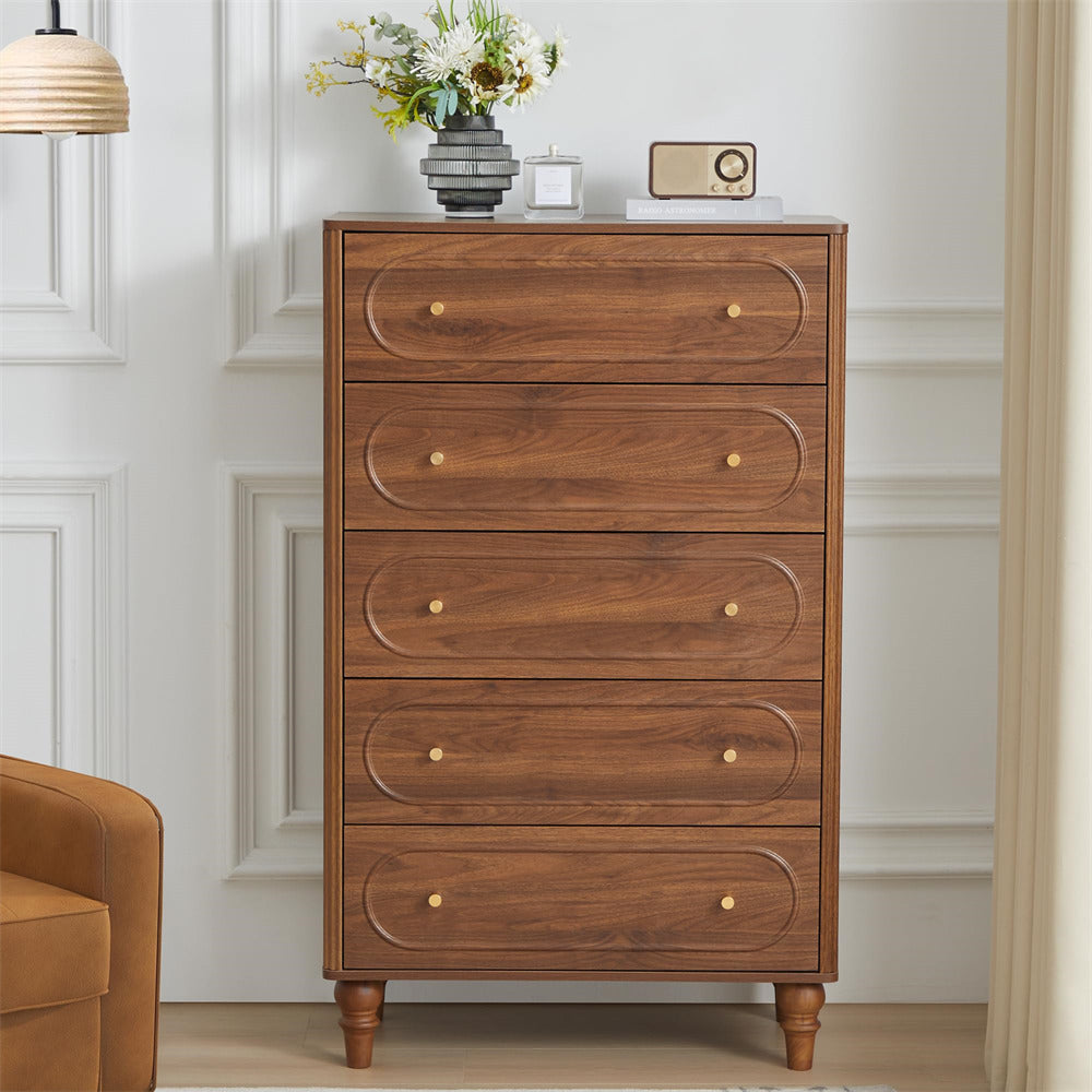Walnut Mid Century Modern 5 Drawer Fluted Dresser Chest of Drawers With Wooden Legs