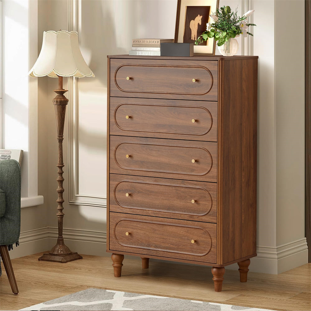 Walnut Mid Century Modern 5 Drawer Fluted Dresser Chest of Drawers With Wooden Legs