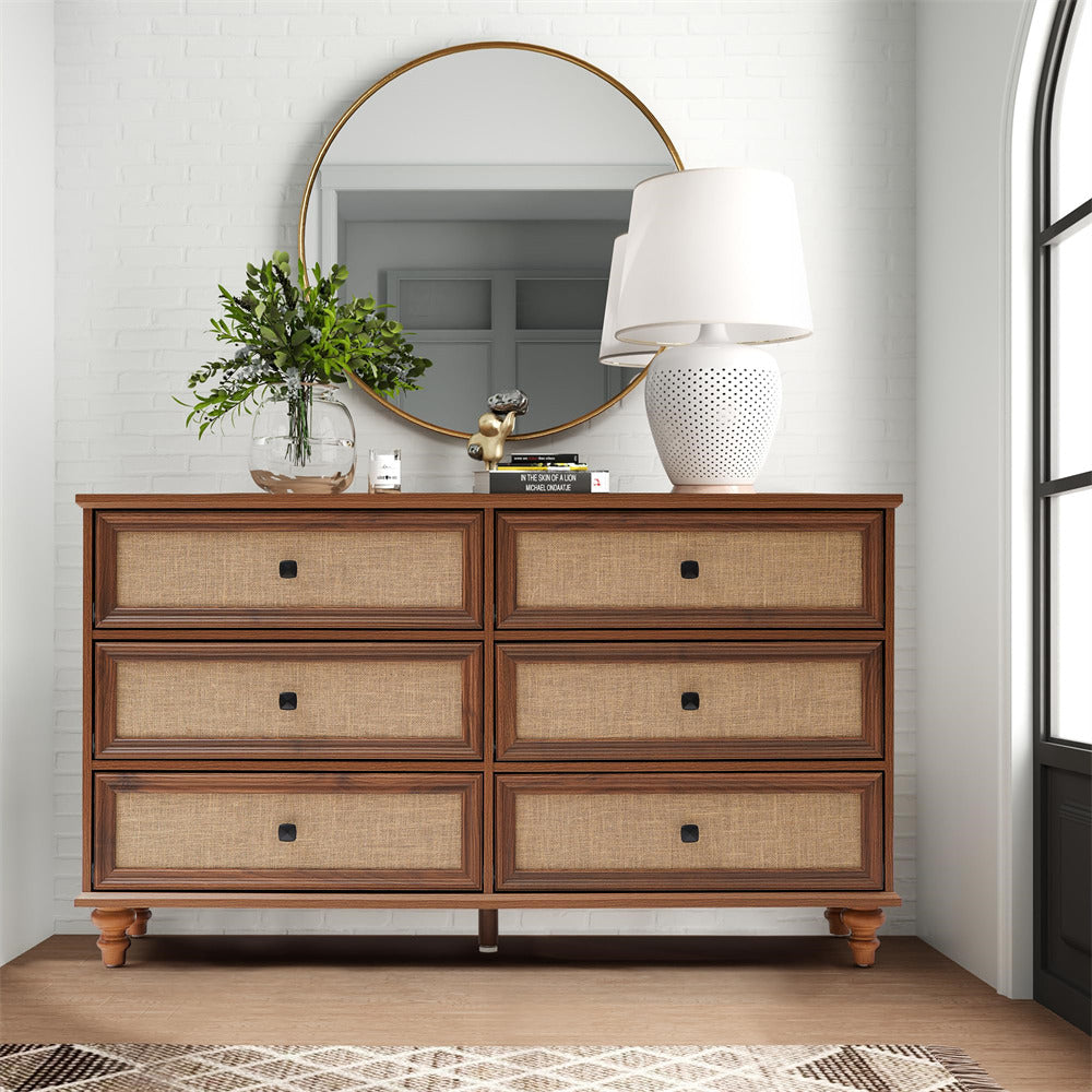 Walnut Mid Century Modern 6 Drawer Dresser Wide Wood Vintage Chest of Drawers with Burlap Rattan Drawers