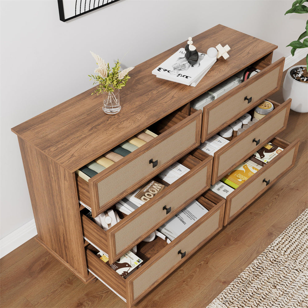 Walnut Mid Century Modern 6 Drawer Dresser Wide Wood Vintage Chest of Drawers with Burlap Rattan Drawers