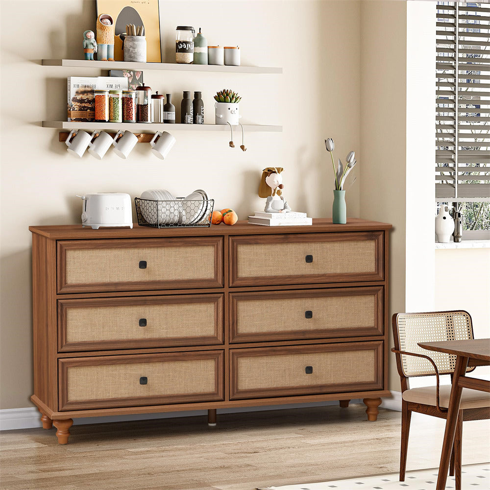 Walnut Mid Century Modern 6 Drawer Dresser Wide Wood Vintage Chest of Drawers with Burlap Rattan Drawers