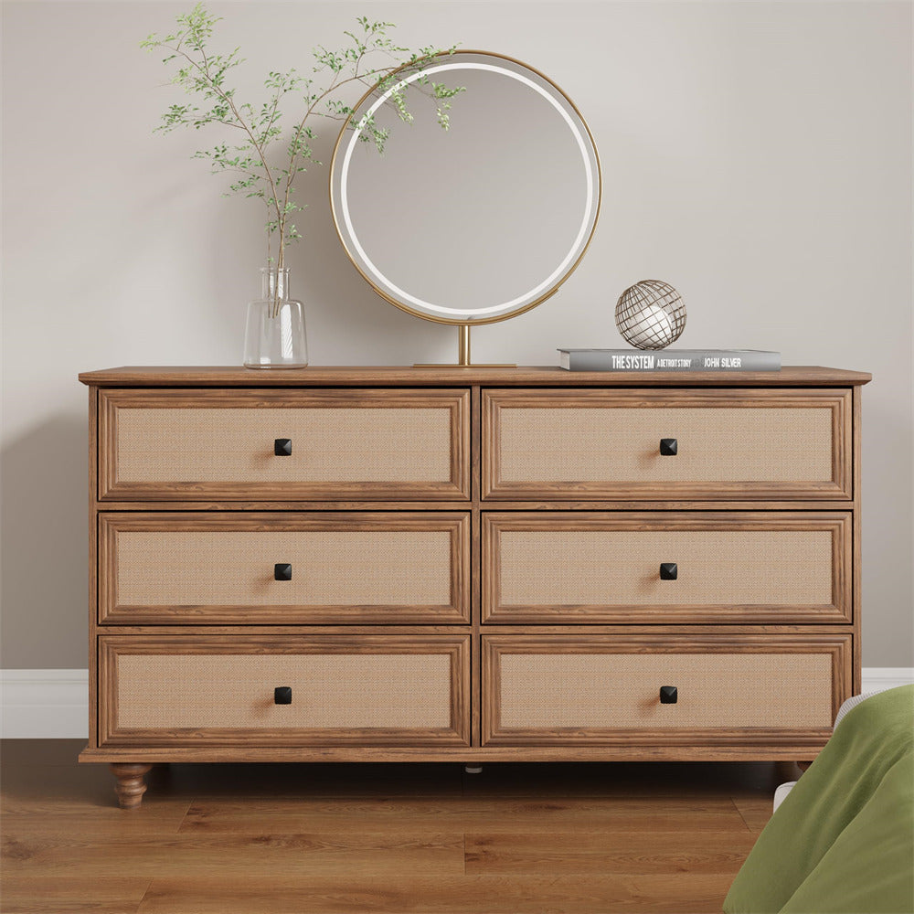 Walnut Mid Century Modern 6 Drawer Dresser Wide Wood Vintage Chest of Drawers with Burlap Rattan Drawers