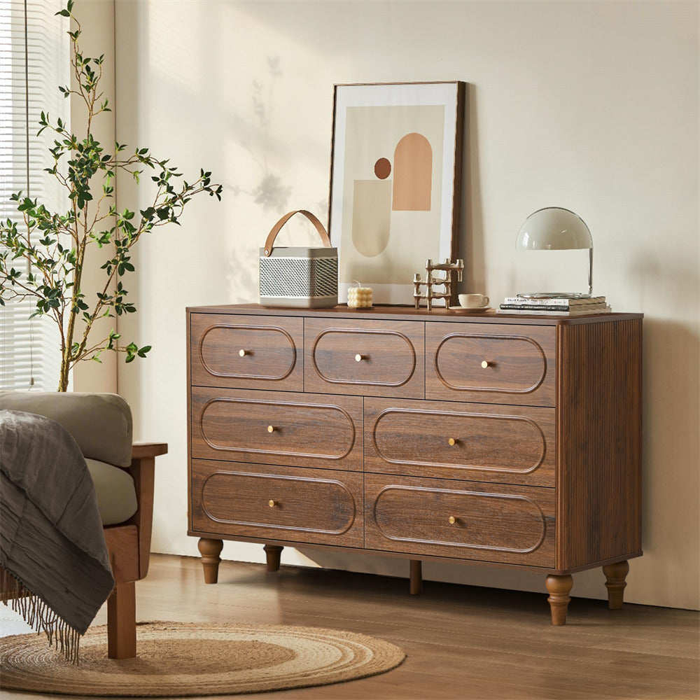 Walnut Mid Century Modern 7 Drawer Fluted Dresser Wood Storage Cabinet