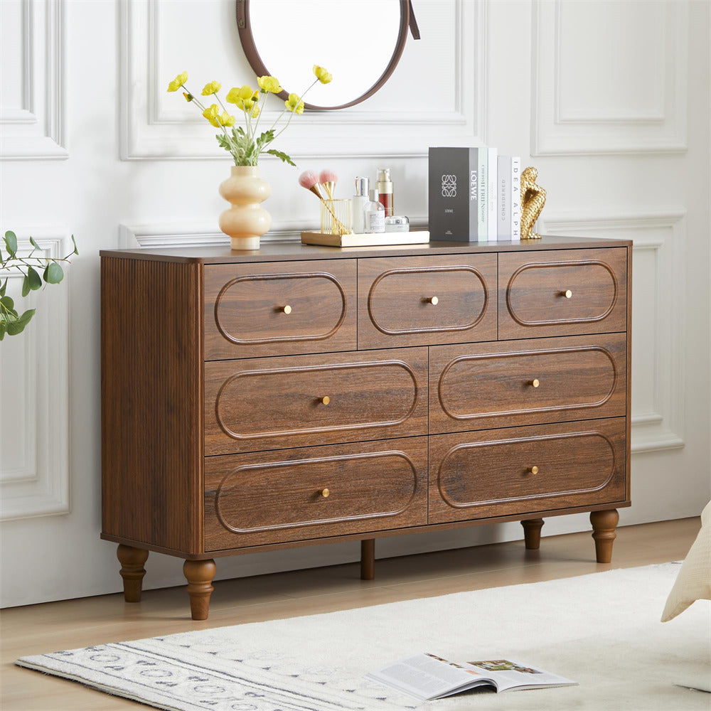 Walnut Mid Century Modern 7 Drawer Fluted Dresser Wood Storage Cabinet