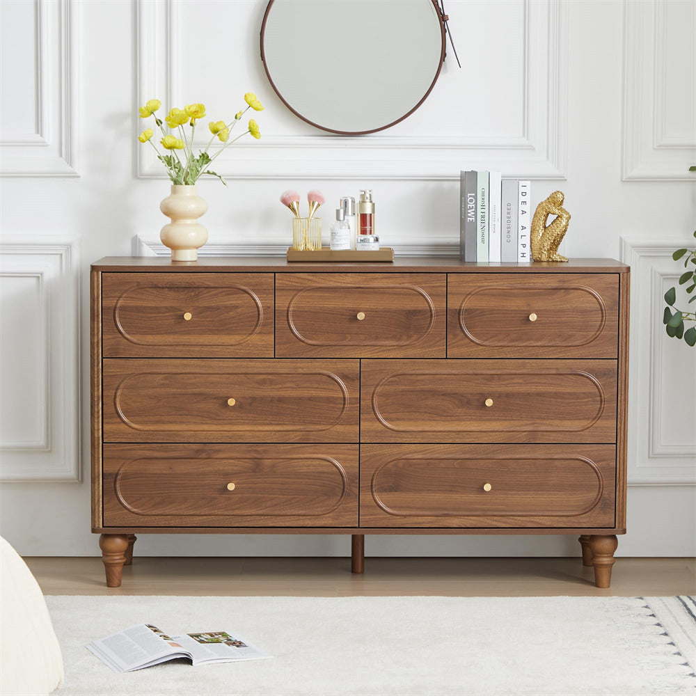 Walnut Mid Century Modern 7 Drawer Fluted Dresser Wood Storage Cabinet