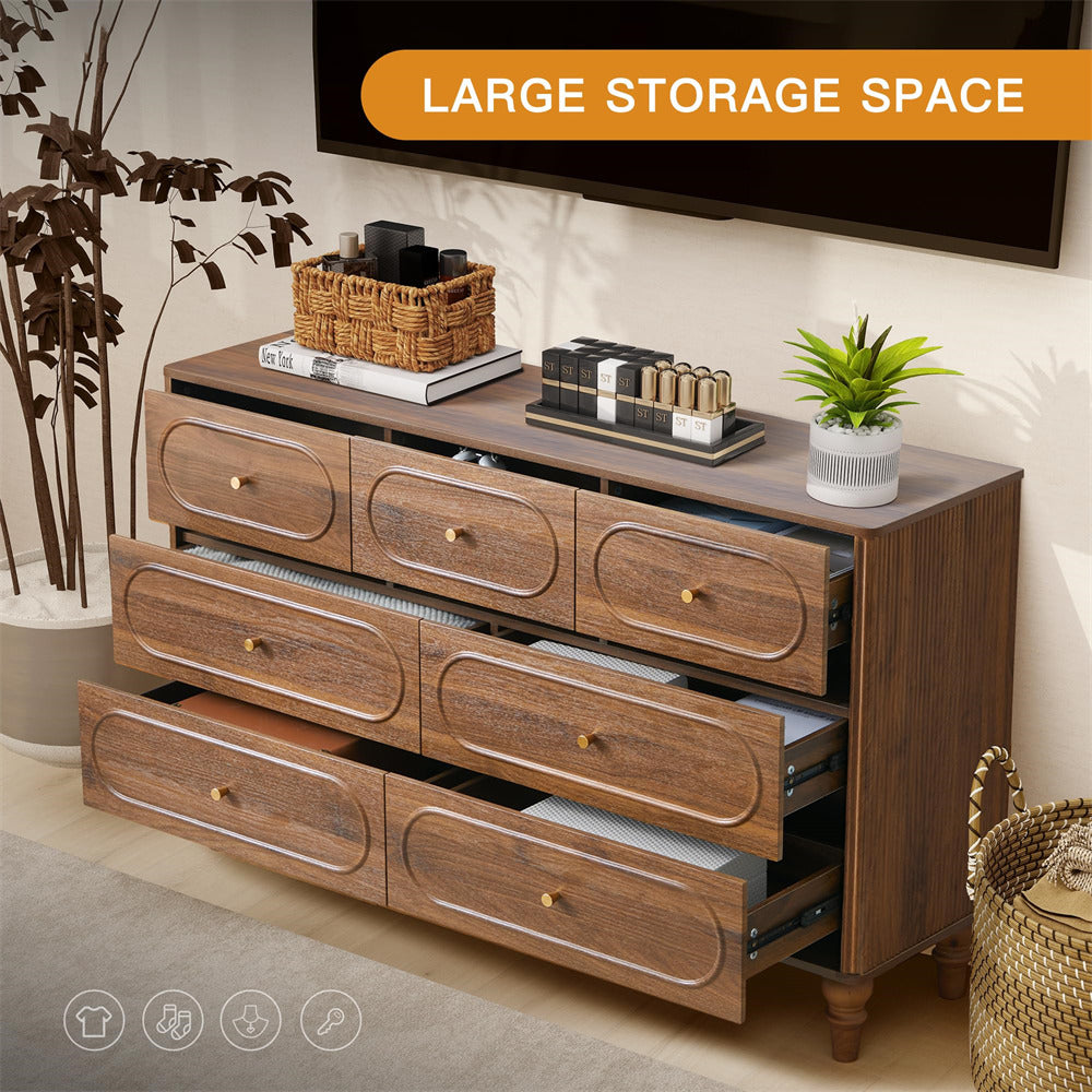 Walnut Mid Century Modern 7 Drawer Fluted Dresser Wood Storage Cabinet
