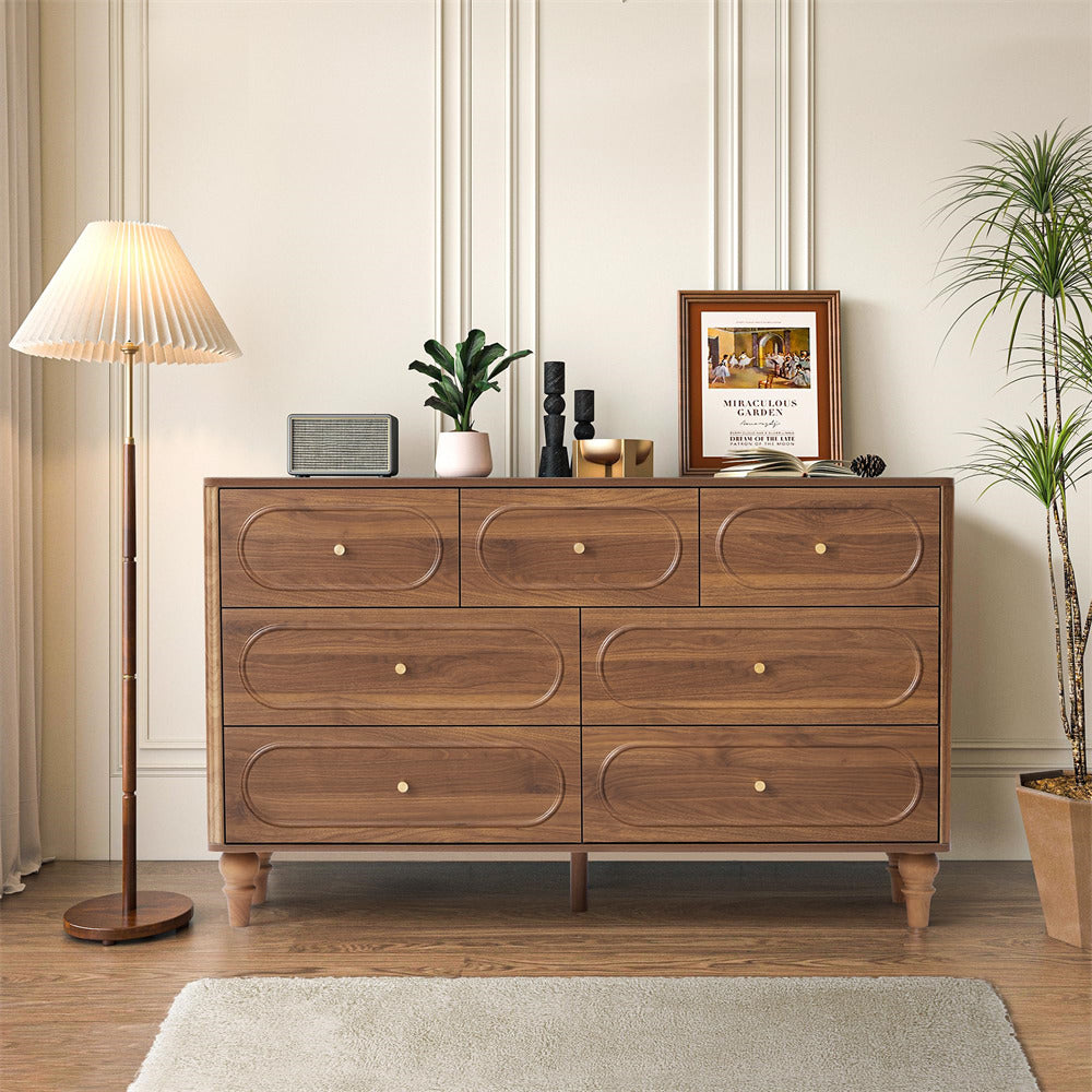 Walnut Mid Century Modern 7 Drawer Fluted Dresser Wood Storage Cabinet