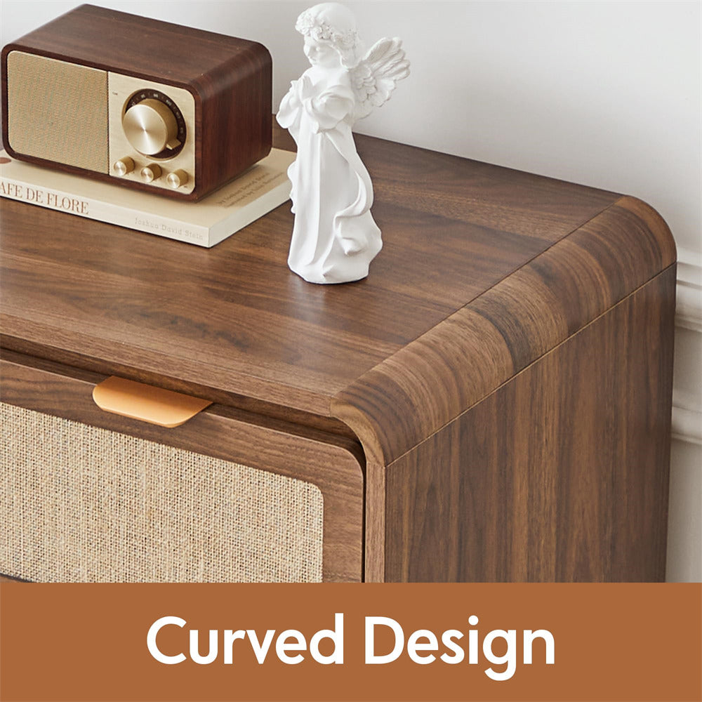 Wooden cabinet with curved design, featuring a white figurine and wooden radio.