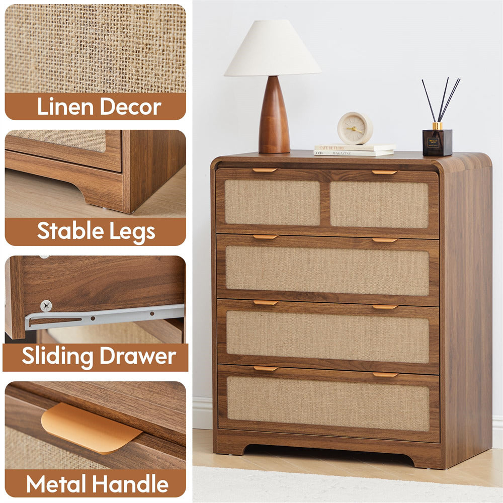 Wooden 4 drawer dressers with linen decor, stable legs, sliding drawer, and metal handle on a white background.