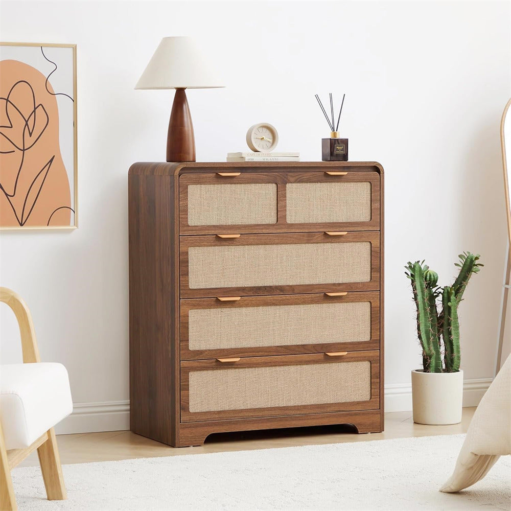 Walnut Mid Century Modern Curved Wood 4 Drawer Dressers with Natural Linen