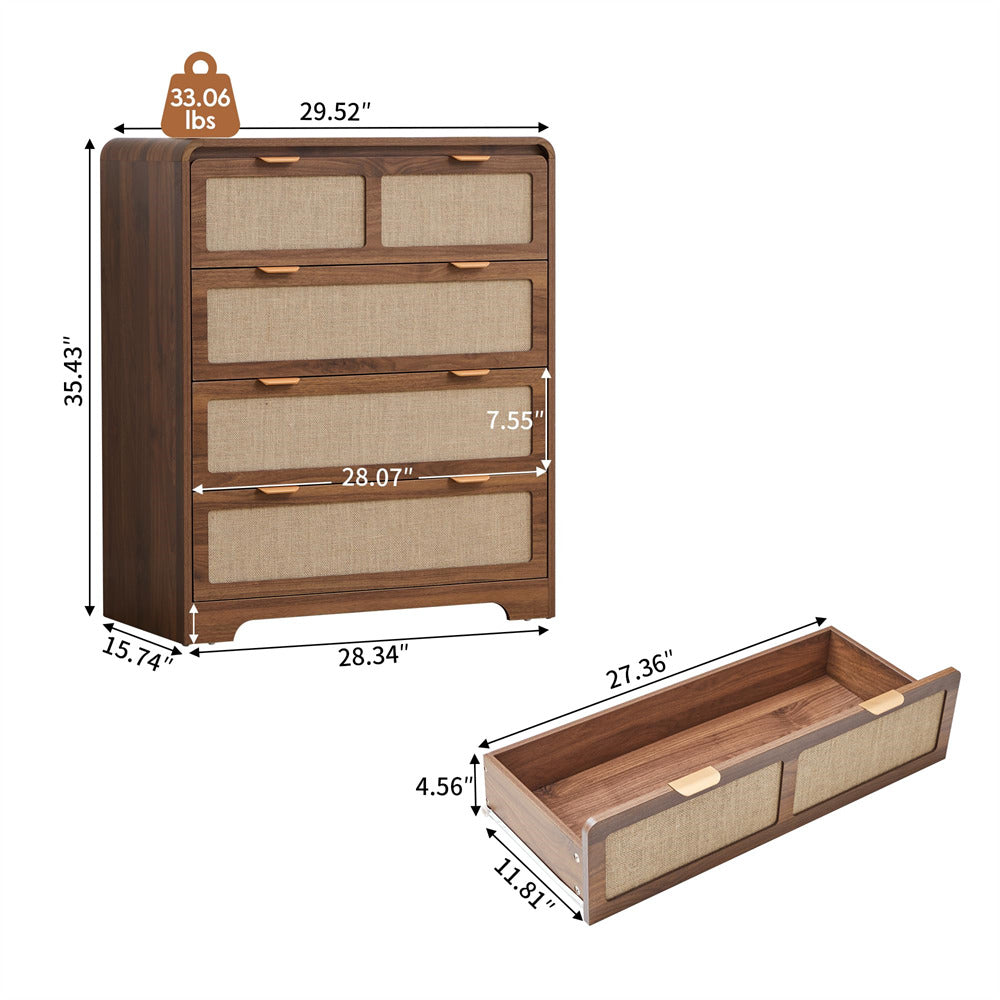 Wood 4 Drawer Dressers with dimensions and weight label on a white background
