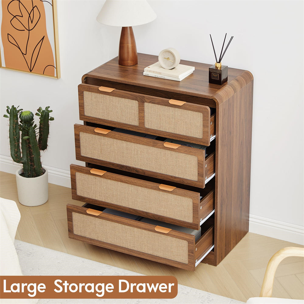Wooden dresser with multiple drawers in a room setting