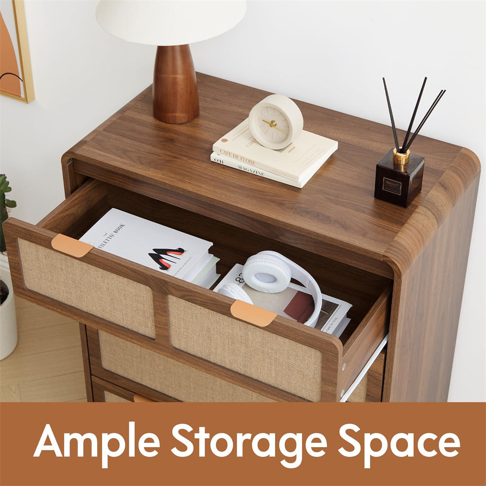 Wooden nightstand with open drawer containing books and a lamp, with 'Ample Storage Space' text overlay.