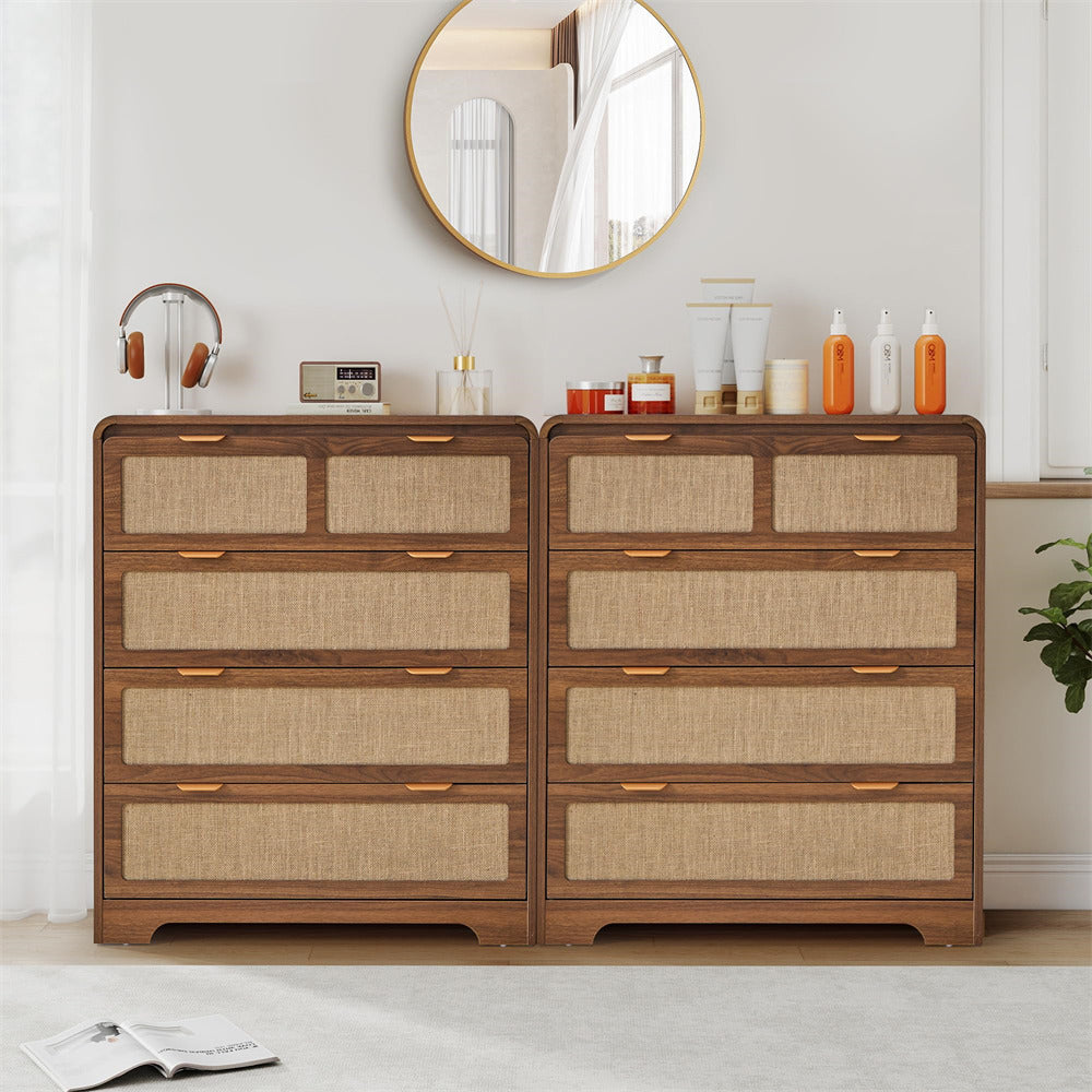 Wooden dresser with woven texture in a room setting with decor items.