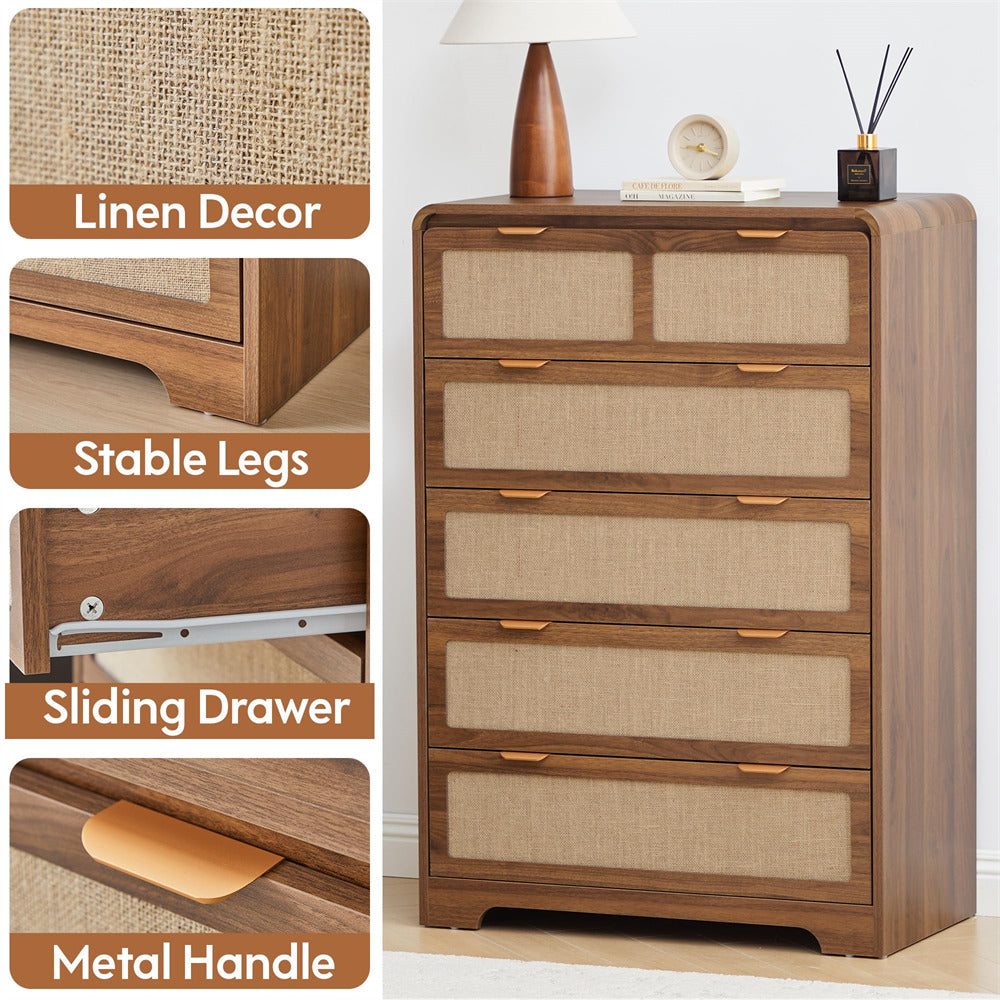 Wooden dresser with linen decor, stable legs, sliding drawer, and metal handle on a white background.