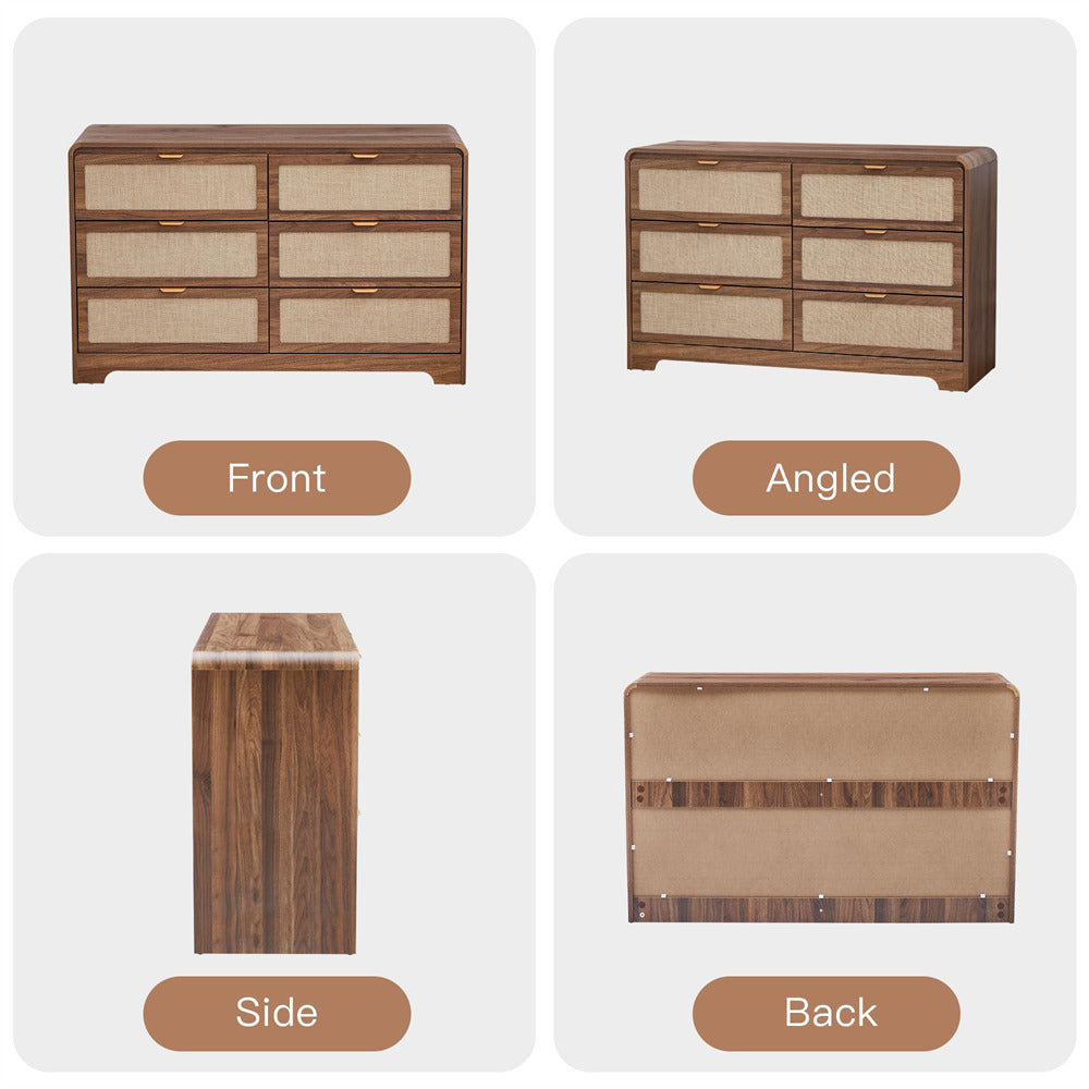 Wooden dresser shown from front, angled, side, and back perspectives on a white background.