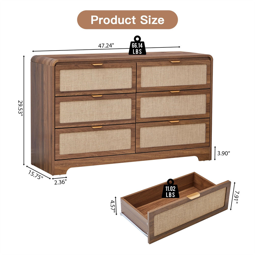 Wooden 6 drawer dressers with dimensions and weight indicators on a white background