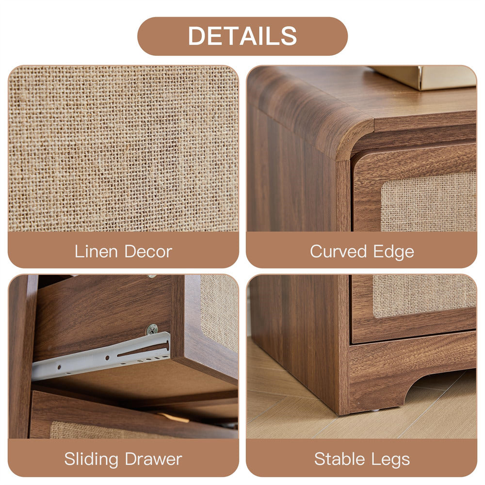 Wooden 6 drawer dressers with linen decor, curved edge, sliding drawer, and stable legs.