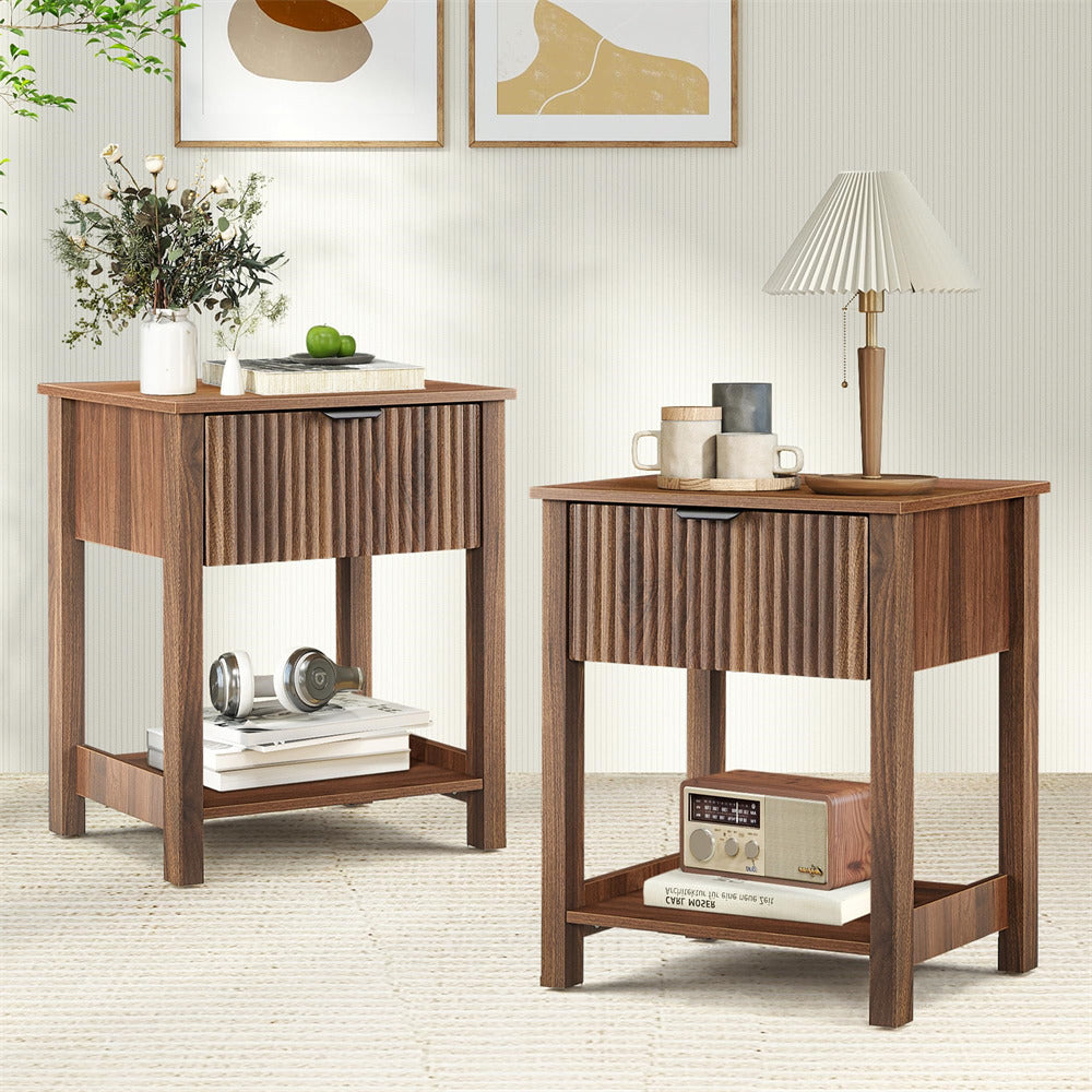 Walnut Mid Century Modern Farmhouse Fluted Nightstand Small End Table with Drawer and Storage Set of 2