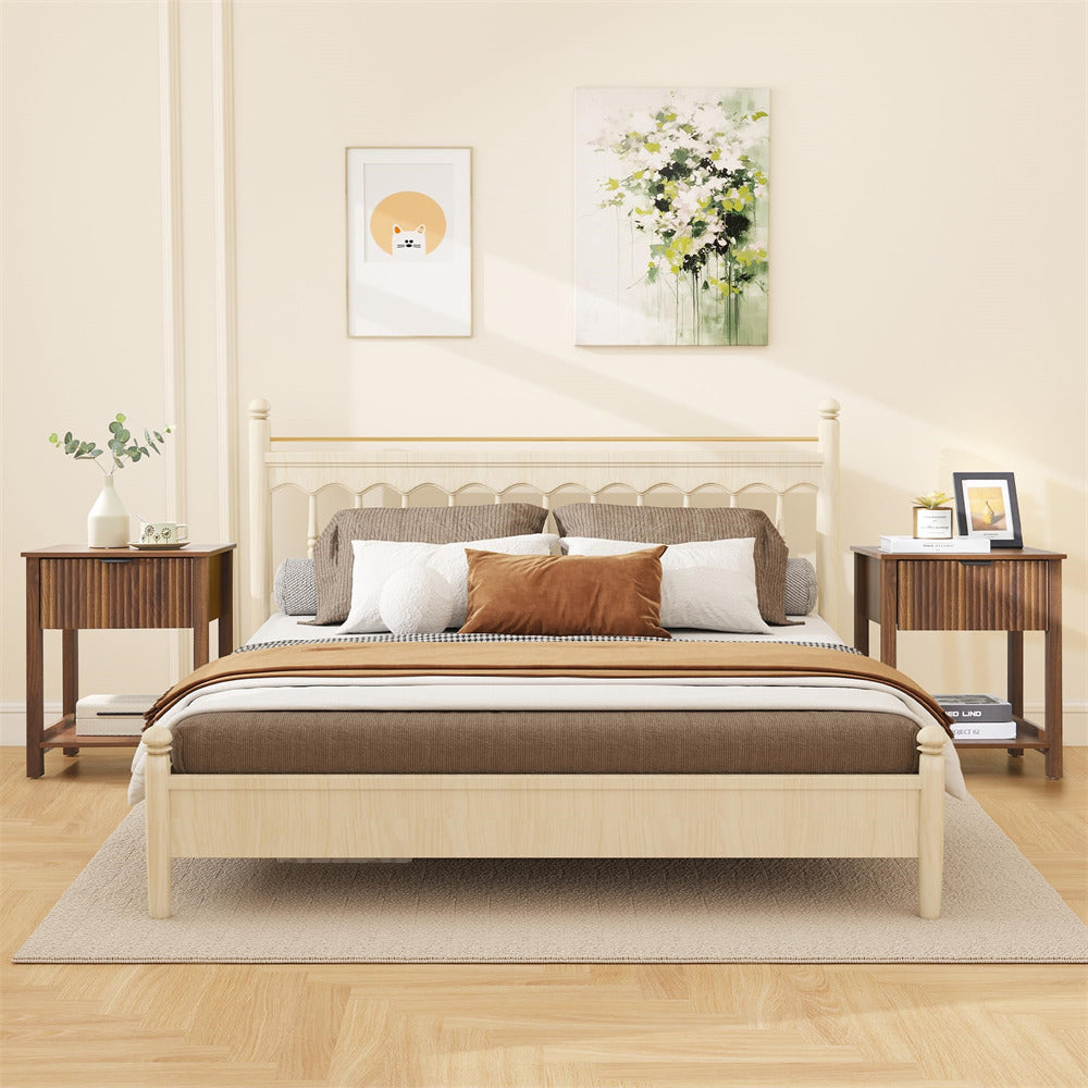 Walnut Mid Century Modern Farmhouse Fluted Nightstand Small End Table with Drawer and Storage