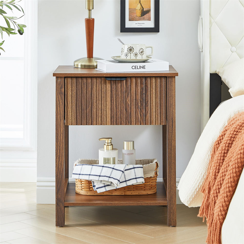 Walnut Mid Century Modern Farmhouse Fluted Nightstand Small End Table with Drawer and Storage