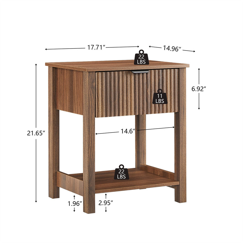 Walnut Mid Century Modern Farmhouse Fluted Nightstand Small End Table with Drawer and Storage