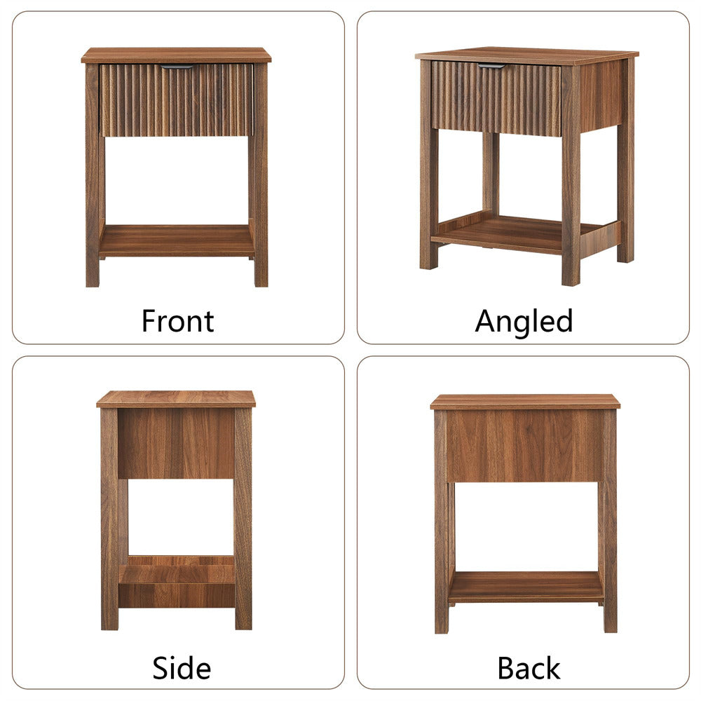 Walnut Mid Century Modern Farmhouse Fluted Nightstand Small End Table with Drawer and Storage