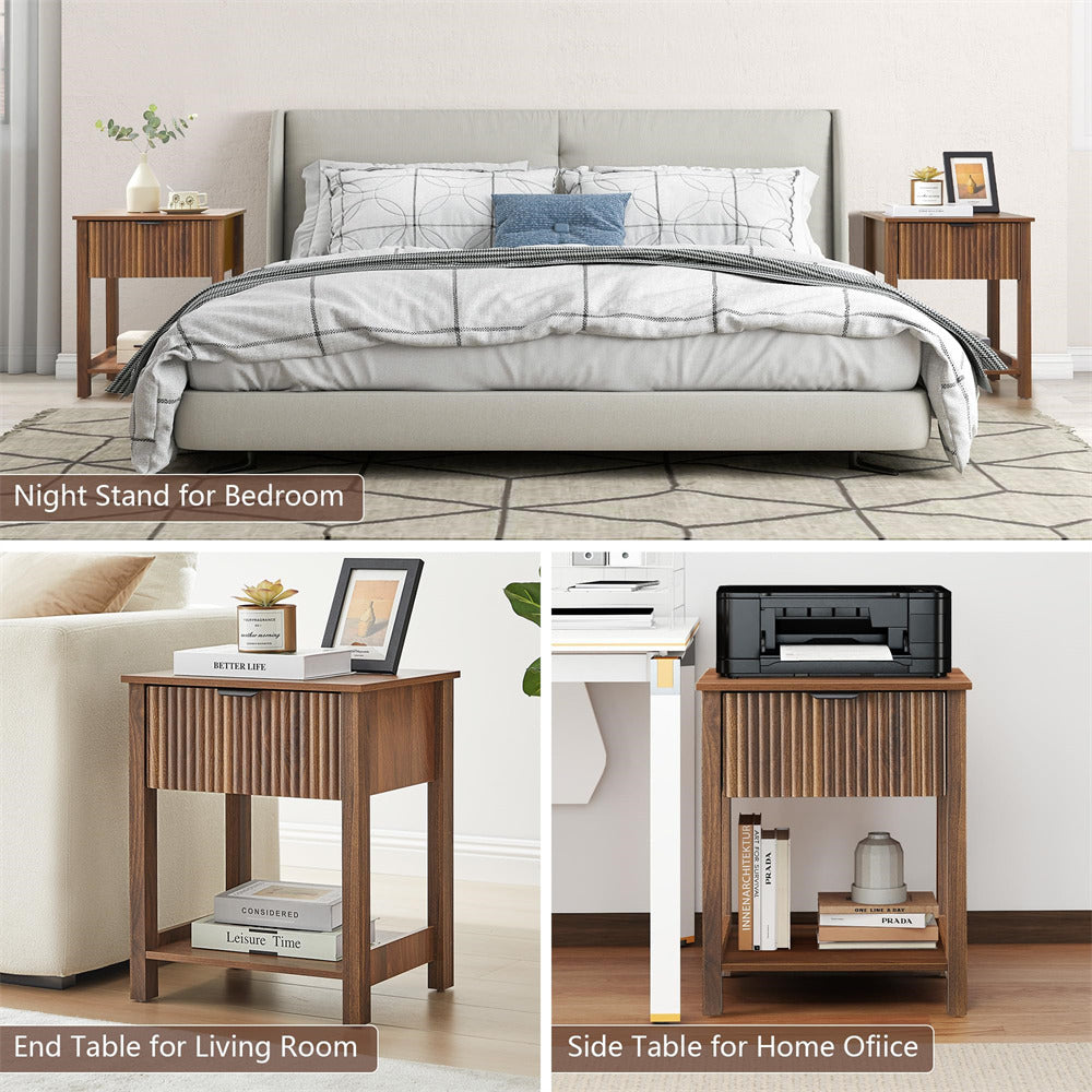 Walnut Mid Century Modern Farmhouse Fluted Nightstand Small End Table with Drawer and Storage